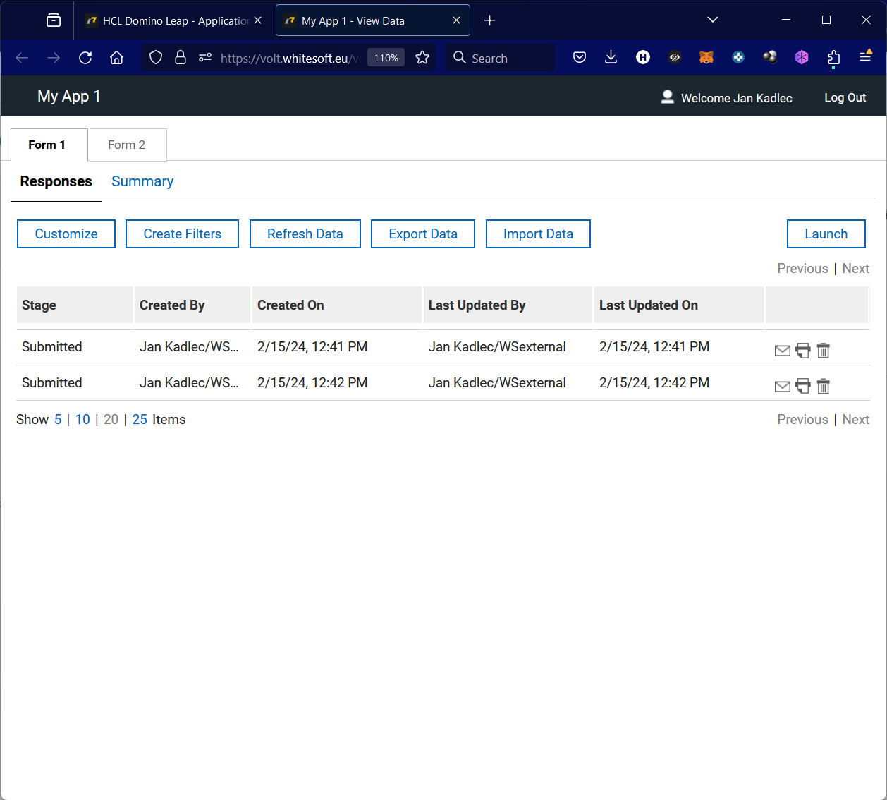 Representation in submitted data view